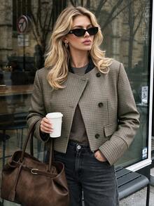 minisummer Women Elegant Fall Plaid Cropped Jacket, Fall Clothes For Women, Lapel Trim Button Front Short Coat, Casual Fall Outfit For Women - Coffee Brown - View 1