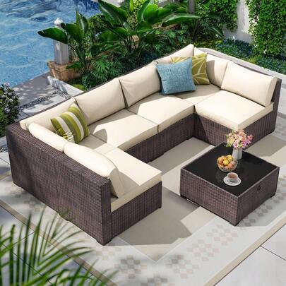 Outdoor Patio Sectional Furniture Set, Modular Wicker Couch Sofa, Backyard Porch Balcony Garden Conversation Seating, Washable Cushions Coffee Table, Modern Farmhouse Style, Brown Beige, Seven Piece Set