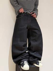 1pc American Street Fashion Tiger Embroidery Men's Loose Wide-Leg Jeans, Comfortable Casual Versatile Denim Pants, All Season - Black - View 4