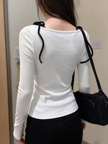 Minimalist Layered Lace-Up Crew Neck T-Shirt, 2 In 1 Top - White - View 6
