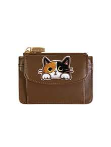 Retro Brown Wallet With Cute Animal Patch,PU Multi Card Holder,Zipper Coin Purse,Cute Cat Hedgehog Dog Card Wallet With Coin Pocket,Holiday Gifts - Multicolor - View 13