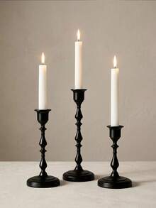 3pcs Matte Black Vintage Metal Taper Candle Holders, Desktop Decor Candle Holders, Suitable For Dark-Toned Home, Wedding And Holiday Party Tabletop Decoration, Candles Not Included - A - View 3