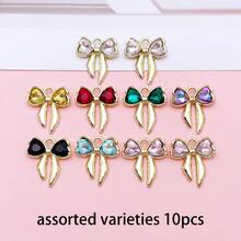 Random 5/10pcs Golden Bow Charms With Heart Rhinestone, Multi Color Crystal Bow Pendant For DIY Earrings Bracelets Necklaces Jewelry Making Accessorie - Multicolor - View 2