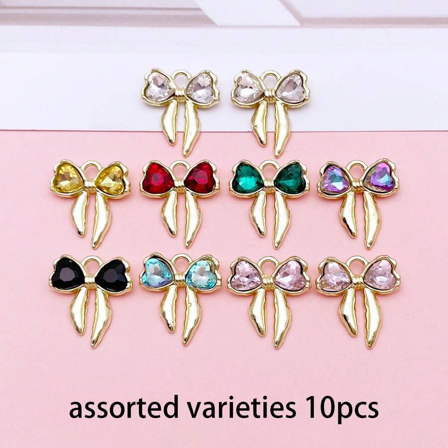 Random 5/10pcs Golden Bow Charms With Heart Rhinestone, Multi Color Crystal Bow Pendant For DIY Earrings Bracelets Necklaces Jewelry Making Accessorie