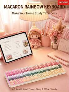 Lenovo Wireless Keyboard, Macaron Multi-Color Gradient Jelly Keyboard, Ergonomic Curved Keycaps, Desktop Keyboard For Office, Dorm, And Home - View 12