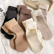 5 Pairs Comfortable Fleece Winter Socks - Thick, Warm, Soft, Earth Tone, Polyester And Spandex Blend, Knitted, Solid Color, Suitable For Cold Weather/Yoga/Sleep, Fashionable Women's Style - Multicolor - View 1