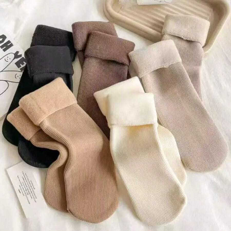 5 Pairs Comfortable Fleece Winter Socks - Thick, Warm, Soft, Earth Tone, Polyester And Spandex Blend, Knitted, Solid Color, Suitable For Cold Weather/Yoga/Sleep, Fashionable Women's Style - Multicolor - View 1