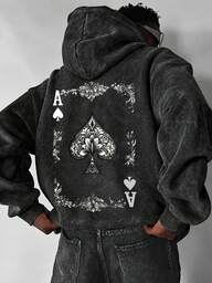 Men's Washed Distressed Hoodie, Loose Fit Vintage Sweatshirt With Black Spade A Poker Card Print On Back