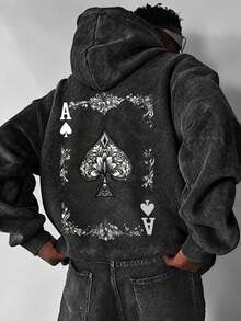 Men's Washed Distressed Hoodie, Loose Fit Vintage Sweatshirt With Black Spade A Poker Card Print On Back - Black - View 2