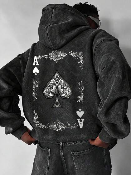 Men's Washed Distressed Hoodie, Loose Fit Vintage Sweatshirt With Black Spade A Poker Card Print On Back