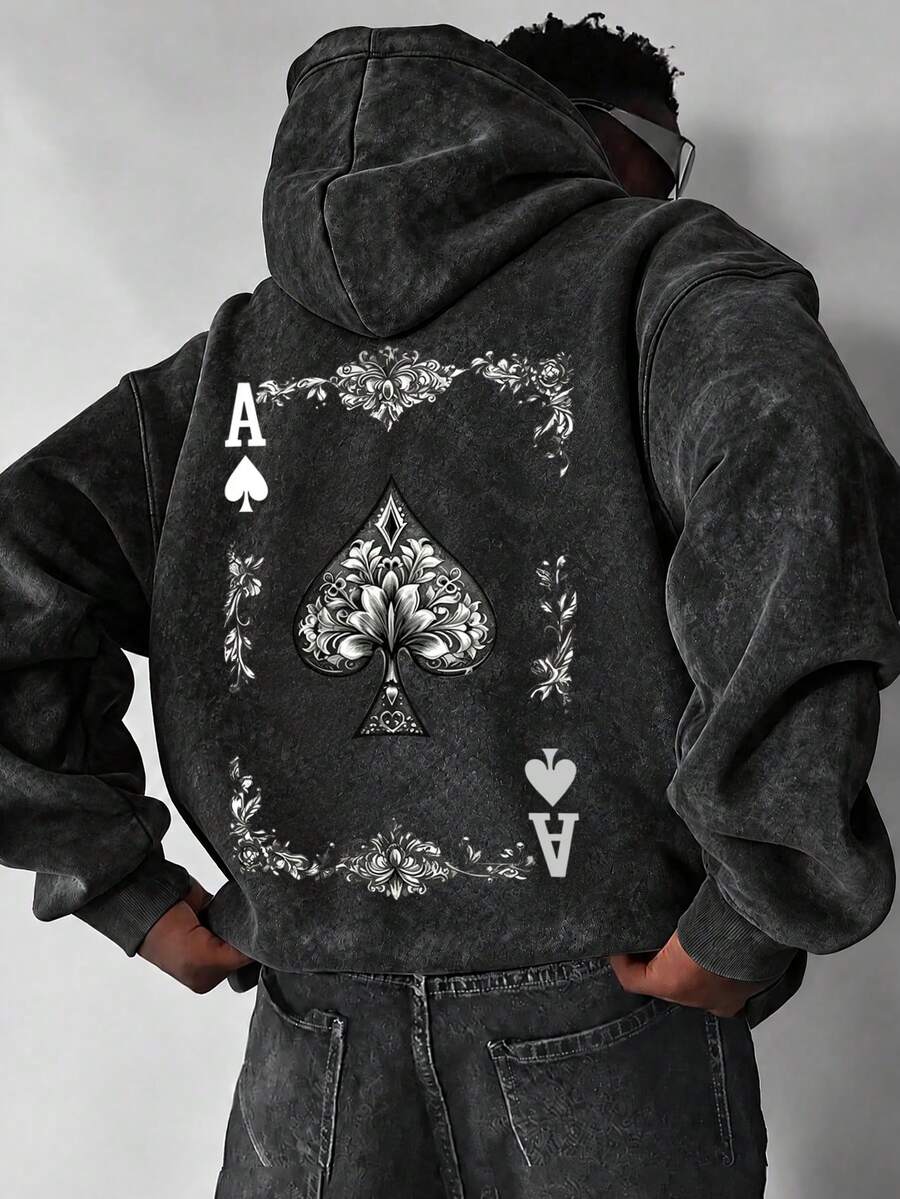 Men's Washed Distressed Hoodie, Loose Fit Vintage Sweatshirt With Black Spade A Poker Card Print On Back - Black - View 1