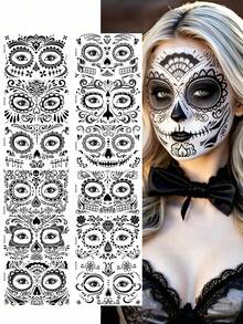 12 Sheets Halloween Sugar Skull Face Temporary Stickers, Day Of The Dead Floral Skull Full Face Stickers, Cosplay Festival Party Face Decorations - Multicolor - View 11