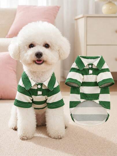 Camisa ligera para mascotas, hecha de tela de poliéster a rayas verdes sin elasticidad. Transpirable, adecuada para todas las estaciones. Se ajusta a mascotas pequeñas, incluyendo caniches toy y bichones. El tamaño es pequeño, se recomienda comprar 1-2 tallas talla grande grandes.