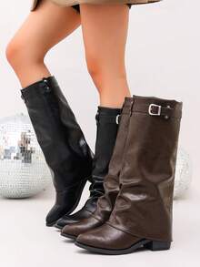 planare New Women's Fashion Ruched Brown Tall Boots With Metal Buckle Vintage Slip-On Pointed Toe Chunky Heel Western Cowboy Boots - Brown - View 11