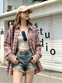 YUXIN Women's American Niche Vintage Plaid Long Sleeve Shirt, Versatile Loose Street Style, Spring/Autumn Essential Shirt - Pink - View 7