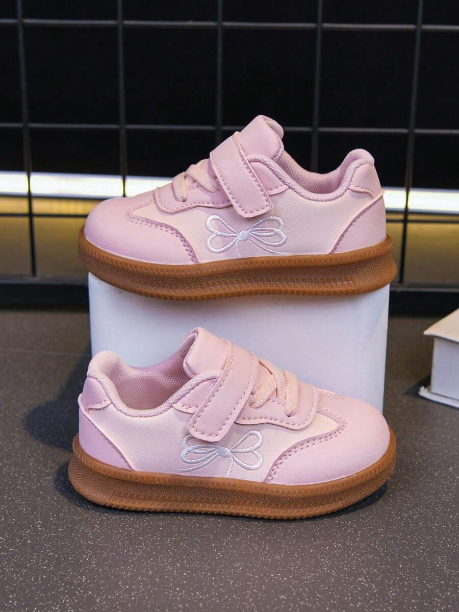 Giày sneaker thường ngày cho bé gái mùa xuân/thu, thêu nơ, quai dán dễ xỏ, mũi tròn bảo vệ ngón chân, da bò, đế mềm chống trượt, cho bé tập đi, mầm non, đi học và dùng hàng ngày đa năng - Hồng - Xem 1