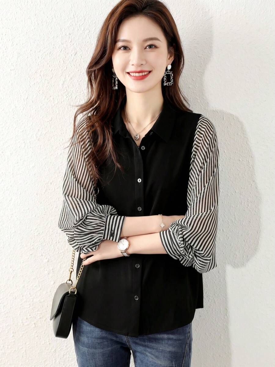 YUXIN 春夏韩版条纹拼接衬衫，灯笼袖雪纺拼接，宽松版型，女士休闲日常上衣，黑色