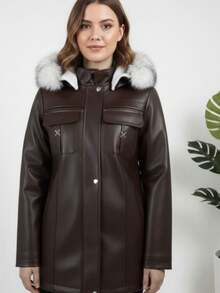 Women's Fake Fur Hooded Lather Coat - Brown - View 3