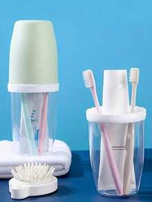 4pcs Couple Creative Toothbrush And Mouthwash Cup Set With Lid - Portable Travel Toothbrush Holder, Durable Plastic, Toothbrush Storage Set. Bathroom Toothbrush Storage Box. Portable Bathroom Toothbrush Box, Nordic Transparent Design. - A - View 1
