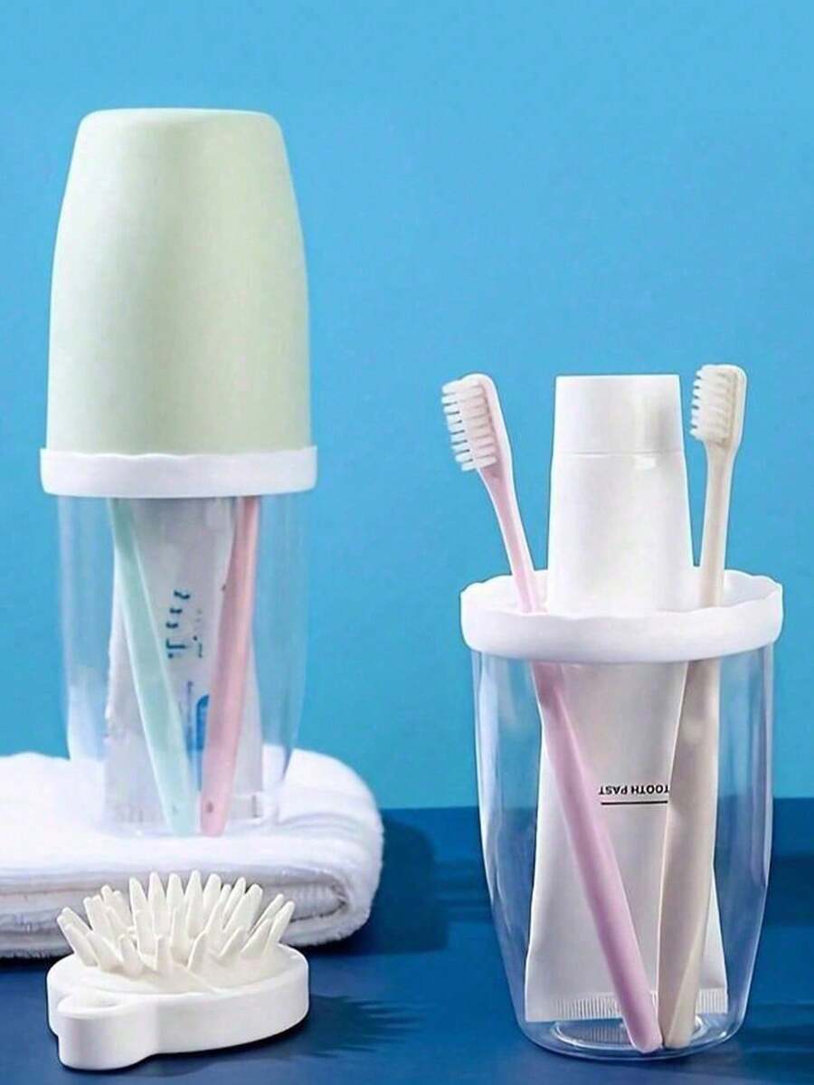 4pcs Couple Creative Toothbrush And Mouthwash Cup Set With Lid - Portable Travel Toothbrush Holder, Durable Plastic, Toothbrush Storage Set. Bathroom Toothbrush Storage Box. Portable Bathroom Toothbrush Box, Nordic Transparent Design. - A - View 1
