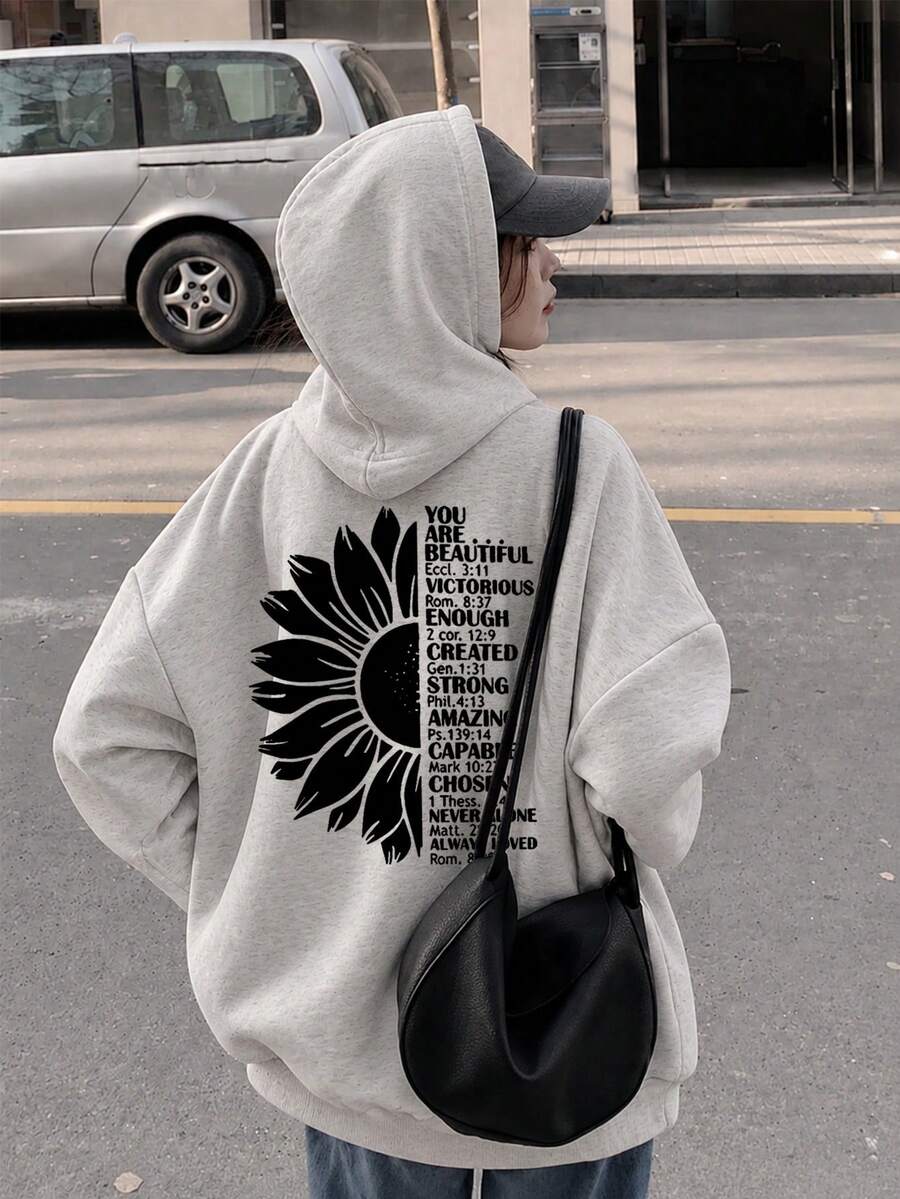 Women's Fashion Autumn/Winter Round Neck Loose Slouchy Casual Versatile Letter & Cartoon Print Sweatshirt - Light Gray - View 1