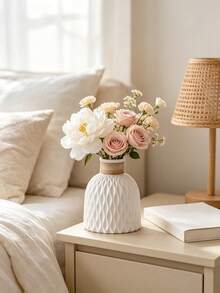 1pc Textured Vase, White Matte Wavy Pattern Vase With Rope Decor, Minimalist Farmhouse Style Decoration, Suitable For Dining Table, Living Room And Wedding Centerpiece Decor, Matte Farmhouse Style Decoration, Rope Decor Vase, Minimalist Gift - 1pc - View 4