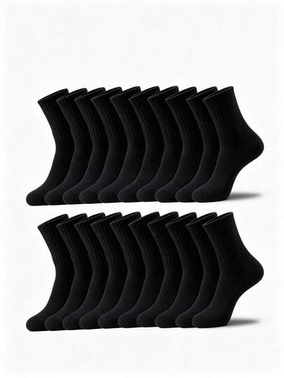 1/5/10/15/20 Pairs Women's Pure Black Ribbed Mid-Calf Socks, Soft & Breathable Basic Casual Socks, Suitable For Daily Wear