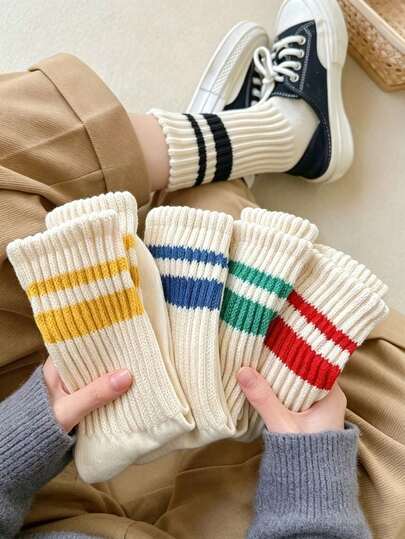 1/5/8 Pairs Striped Mid-Calf Socks, Vintage Thick Knit Ribbed Socks, Soft Breathable Blended Casual Sports Socks, Women's, Autumn/Winter Daily Wear