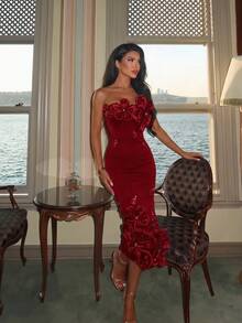 Elegant Women's Long Knit Pencil Dress With 3D Rose And Rhinestone Decor, Sleeveless Strapless Party Dress, Slightly Stretchy - Burgundy - View 5