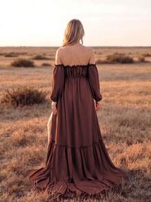 Bump Style Bohemian Maternity Cold Shoulder Dress, Bishop Sleeves, Ruffle Hem, Long Woven Fabric Dress, Suitable For Photography - Coffee Brown - View 3