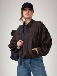 2026 Autumn/Winter New - Women's Vintage Polka Dot Zipper Stand Collar Jacket, Short Batwing Sleeve Design, Suitable For Yoga, Running, Daily Commute, Christmas Outfit - Coffee Brown - View 9