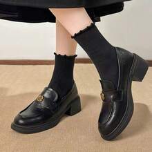Height-Increasing British Style Loafers For Petite Women, New Autumn Camellia Commuter Slip-On Thick Sole Loafers - Black - View 1