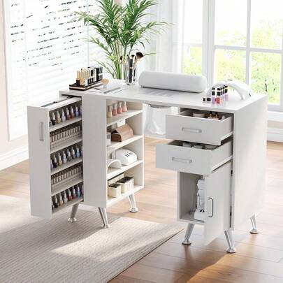 Manicure Table For Nail Tech, 42 Inch Nail Desk With Electric Dust Collector And Wrist Rest, Vertical Pull Out Locker, Storage Cabinet, Drawers, Open Shelves, White