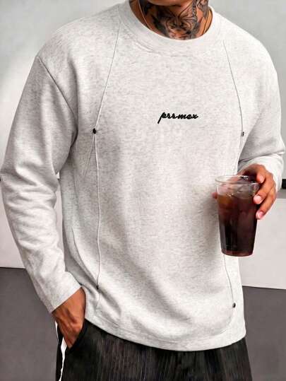 1pc Men's Gray Crew Neck Sweatshirt, Soft Gray Knit Fabric, Skin-Friendly And Easy To Care, Minimalist Letter Embroidery On Chest For Added Detail, Slightly Loose Drop Shoulder Fit To Flatter Body Shape, Casual Minimalist Style, Suitable For Daily Commute And Casual Outings