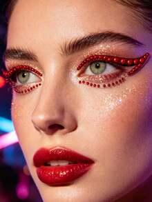 1pc Red Rhinestone Eyeliner Sticker, Self-Adhesive Crystal Eye Tail Decoration Sticker, Upper Eye Tail Rhinestone Strip + Lower Eyelid Fine Rhinestone Combination Eye Makeup Sticker, Waterproof Shiny Eye Rhinestone Decor, Suitable For EDM Party, Halloween Cosplay - Red - View 5