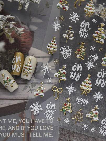 3D Embossed Christmas Nail Stickers, Red Silver Xmas Tree Snowflake Bow Self-Adhesive Nail Decals, Festive Elegant Whimsical Vintage For Home Salon Press On Nails Acrylic Tips Phone Cases Resin Crafts Nail Art Accessories, 1pc