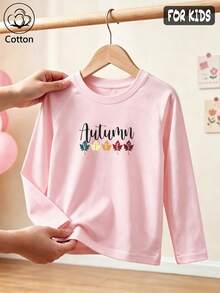 Kids Long Sleeve T-Shirt, Cute Casual Pink Top With Autumn Text & Colorful Maple Leaf Print, Round Neck Raglan Sleeves - Baby Pink - View 3