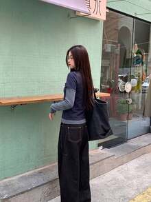 YCYC Korean Style 2 In 1 Striped Patchwork Pullover Slimming Versatile Casual Long Sleeve T-Shirt Crop Top For Women - Navy Blue - View 5