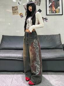 1件女款寬鬆刺繡寬腿牛仔褲，舒適休閒高街百搭丹寧長褲（不含腰帶/配件）秋季 - 銅色 - 查看 3