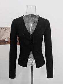 Sexy Style Design Tie-Up Deep V-Neck Long Sleeve Cardigan Women's Autumn Loose Versatile Outerwear Top - Black - View 6