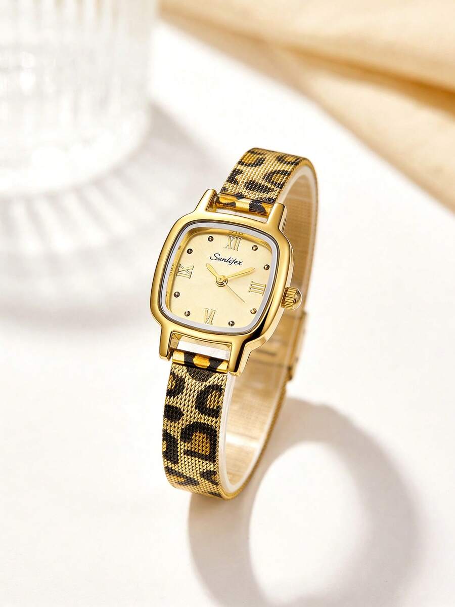 SUNLIFEX 1pc Women's Square Retro Quartz Watch, Gold Alloy Case, Gold/Green Dial, Leopard Print Metal Mesh With Light Luxury Watch, Daily Wear And Gift Giving - Gold - View 1