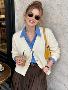 JIANHU Women's White V-Neck Button Knit Cardigan Long Sleeve Jacket For Autumn/Winter Christmas New Year - White - View 2