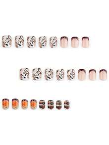 24pcs Vintage Autumn White & Coffee Color Striped French Scroll 3D Pumpkin Button Design Press-On False Nails, Perfect Fit, Suitable For Women's Daily Commute, Autumn/Winter Gatherings And Party Occasions Nail Art - Multicolor - View 2