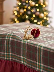1pc Green Brown Red Classic Large Plaid Tablecloth Traditional Country Style Rectangular Burgundy Ruffle Edge Pleated Detail Stain-Resistant Protective Tablecloth For Home Long Table Suitable For Christmas Family Gathering And Winter Holiday Dining Room Decor - Green - View 2