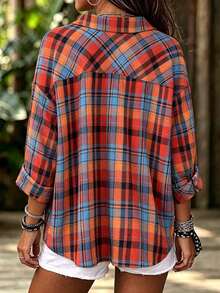 Women's Plus Size Casual Loose Fit Colorblock Plaid Button-Down Shirt - Red - View 2