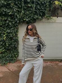 Women's Striped Print Polo Collar Long Sleeve Knit Top, Casual V Notch Drop Shoulder Loose Sweater, Daily Basic Pullover - Black and White - View 1