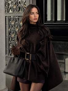 Happyevery Women's Autumn Fashion Vintage Premium Feel Autumn/Winter Maillard Chocolate Color Wool Shawl Coat, Elegant Overcoat For Parties, Gatherings, Holidays, Birthday Parties, Commuting, Office, Casual Evenings, Homecoming Dances, Outdoor Street Photography, Beach Vacations, Beach - Brown - View 5