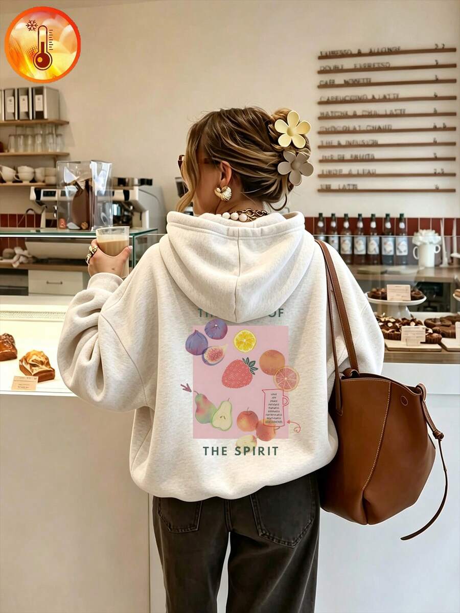 Women's Cute Hooded Sweatshirt, Drop Shoulder Long Sleeve Pullover, Fruit Pattern Print, Ribbed Knit Detail, Suitable For Warm Casual Wear - White Gray - View 1