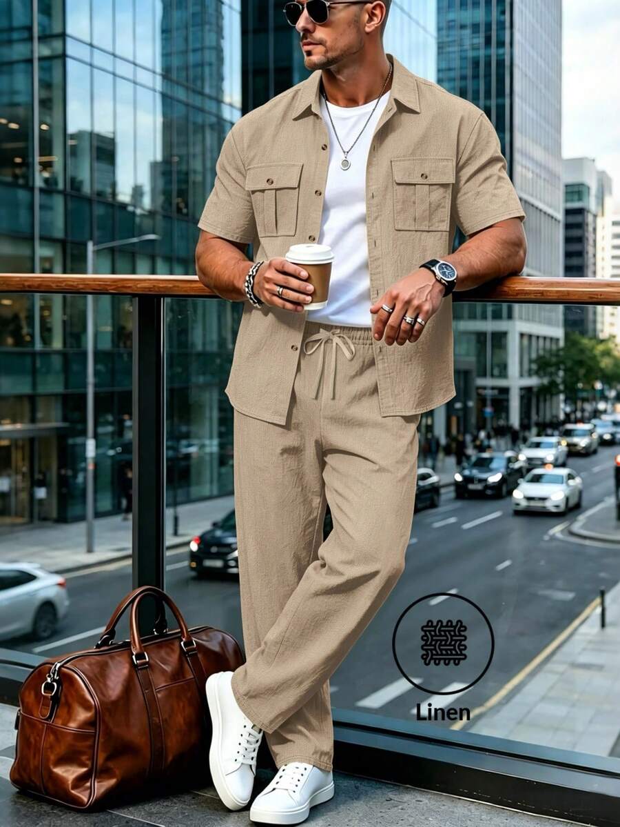 2pcs Men's Linen Set, Summer New Casual Multi-Pocket Workwear Shirt + Straight Leg Pants Suit, For Him - Khaki - View 1
