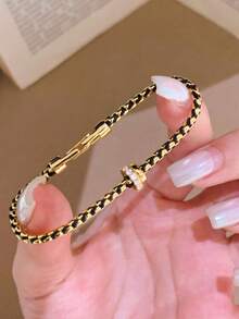 1 chiếc nhẫn hở hình trái tim đính kim cương hồng lấp lánh đá zirconia cao cấp thời trang, trang sức trái tim sang trọng - Vòng tay đan dây chạy vòng - Xem 2